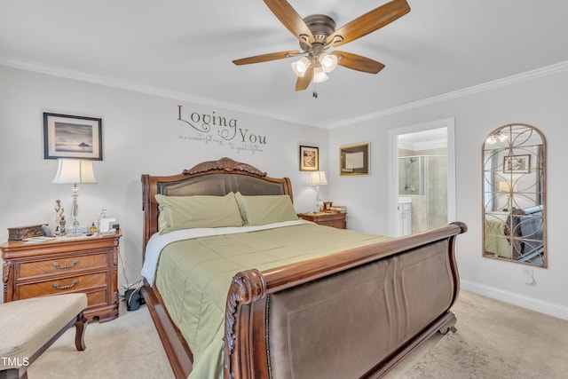 126 Gwendolyn Way, Fuquay Varina, NC 27526 - bedroom featuring light colored carpet, ornamental molding, ceiling fan, and ensuite bathroom
