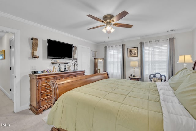 126 Gwendolyn Way, Fuquay Varina, NC 27526 - bedroom with light colored carpet, ornamental molding, and ceiling fan