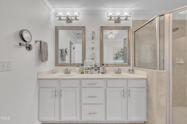 126 Gwendolyn Way, Fuquay Varina, NC 27526 - bathroom featuring ornamental molding, double vanity, a chandelier, and a shower stall