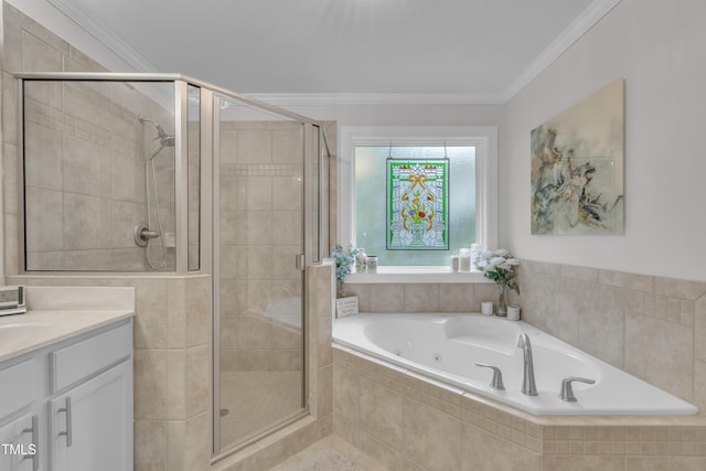126 Gwendolyn Way, Fuquay Varina, NC 27526 - full bathroom featuring a jetted tub, a stall shower, vanity, and ornamental molding