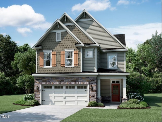 3010 Shady Sage Way Lot 15, Apex, NC 27523 - craftsman house featuring stone siding, concrete driveway, a front yard, and an attached garage