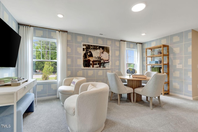 3010 Shady Sage Way Lot 15, Apex, NC 27523 - dining area with light carpet, wallpapered walls, and recessed lighting