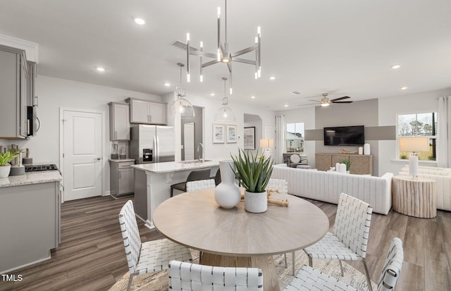 1001 Jensen Rd, Durham, NC 27703 - dining space featuring a ceiling fan, healthy amount of natural light, dark wood-style flooring, and recessed lighting