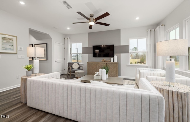 1001 Jensen Rd, Durham, NC 27703 - living area with dark wood-type flooring, recessed lighting, and a ceiling fan