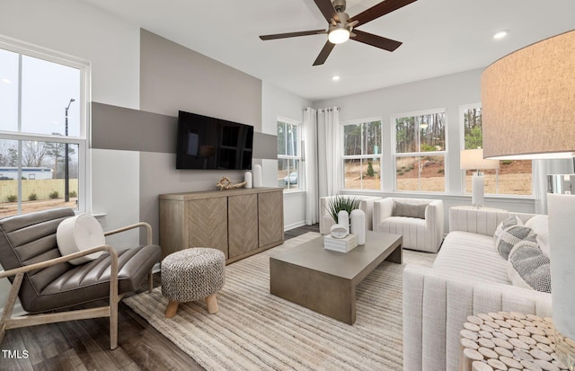 1001 Jensen Rd, Durham, NC 27703 - living room with wood finished floors, a ceiling fan, and recessed lighting