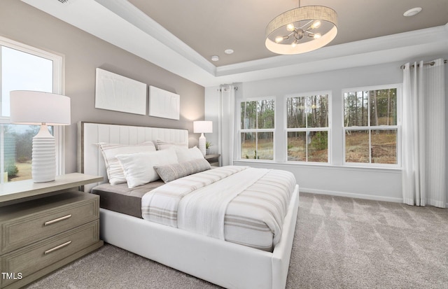 1001 Jensen Rd, Durham, NC 27703 - bedroom featuring light colored carpet, a chandelier, and a raised ceiling