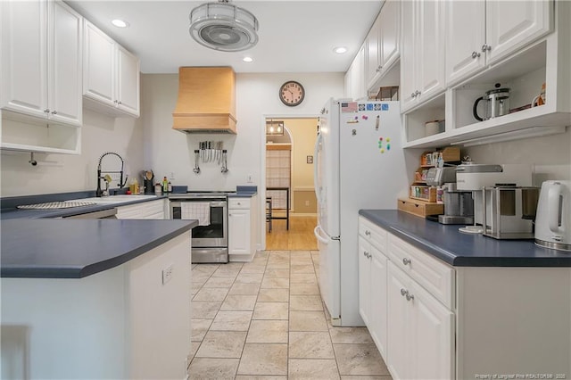 7655 Lucinda Ln, Linden, NC 28356 - kitchen featuring electric range, custom exhaust hood, dark countertops, open shelves, and white cabinets