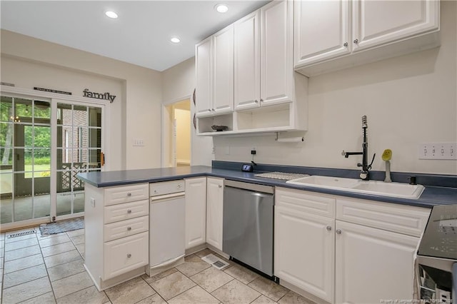 7655 Lucinda Ln, Linden, NC 28356 - kitchen featuring dishwasher, a peninsula, recessed lighting, white cabinetry, and open shelves