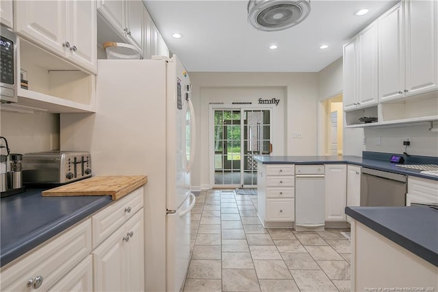 7655 Lucinda Ln, Linden, NC 28356 - kitchen with open shelves, dark countertops, stainless steel appliances, and recessed lighting