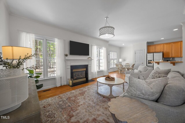 513 Moultonboro Ave, Wake Forest, NC 27587 - living area featuring healthy amount of natural light, wood finished floors, crown molding, a fireplace with flush hearth, and recessed lighting