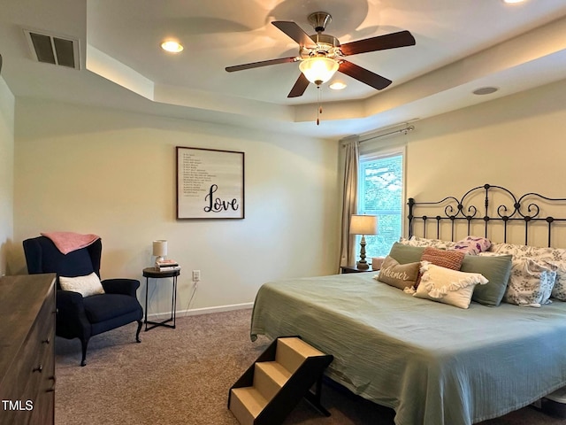 505 Poplar St, Durham, NC 27703 - bedroom featuring carpet floors, a raised ceiling, recessed lighting, and a ceiling fan