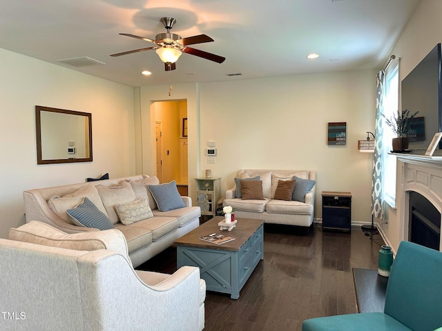 505 Poplar St, Durham, NC 27703 - living area featuring ceiling fan, recessed lighting, dark wood finished floors, and a fireplace