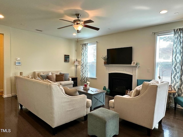 505 Poplar St, Durham, NC 27703 - living room with ceiling fan, recessed lighting, a fireplace, and dark wood finished floors