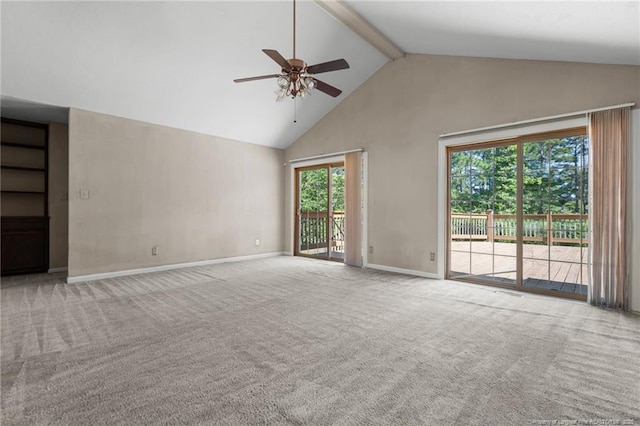 116 Bledsoe St, Hope Mills, NC 28348 - unfurnished living room with ceiling fan, high vaulted ceiling, carpet floors, and beam ceiling