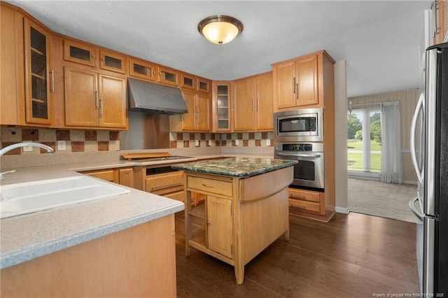116 Bledsoe St, Hope Mills, NC 28348 - kitchen with stainless steel appliances, under cabinet range hood, dark wood finished floors, backsplash, and glass insert cabinets