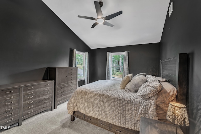 350 Amherst Creek Dr, Wake Forest, NC 27587 - bedroom with light carpet, high vaulted ceiling, and a ceiling fan