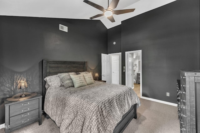350 Amherst Creek Dr, Wake Forest, NC 27587 - bedroom with high vaulted ceiling, carpet, ceiling fan, and ensuite bath