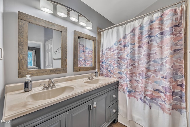 350 Amherst Creek Dr, Wake Forest, NC 27587 - full bath featuring double vanity, lofted ceiling, and curtained shower