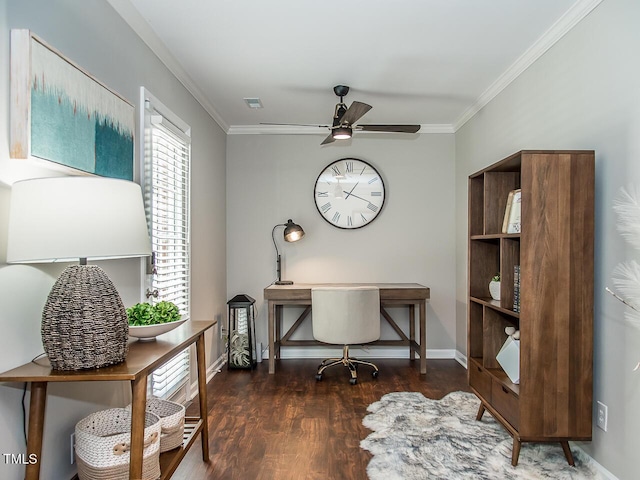 3009 Omah St, Durham, NC 27705 - office area featuring ornamental molding, ceiling fan, and wood finished floors