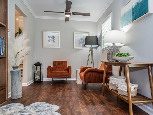 3009 Omah St, Durham, NC 27705 - living area featuring crown molding, wood finished floors, and ceiling fan
