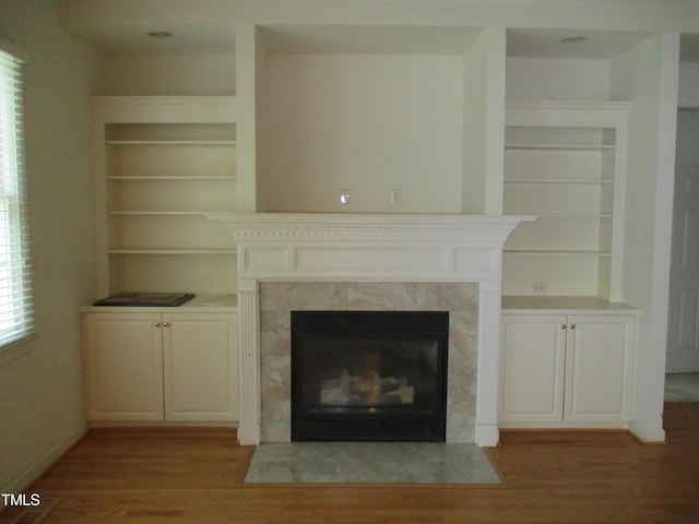4817 Tupenny Ln, Raleigh, NC 27606 - detailed view of a fireplace, built in features, and wood finished floors