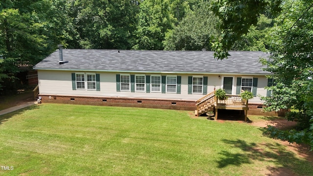 205 N Raleigh Farms Rd, Youngsville, NC 27596 - rear view of property with crawl space, a lawn, a wooden deck, and stairway