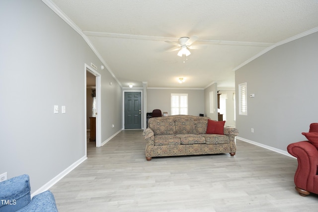 205 N Raleigh Farms Rd, Youngsville, NC 27596 - living room with light wood finished floors, a ceiling fan, and ornamental molding