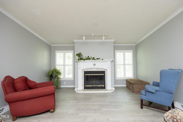 205 N Raleigh Farms Rd, Youngsville, NC 27596 - living area featuring wood finished floors, ornamental molding, a fireplace, plenty of natural light, and a textured ceiling