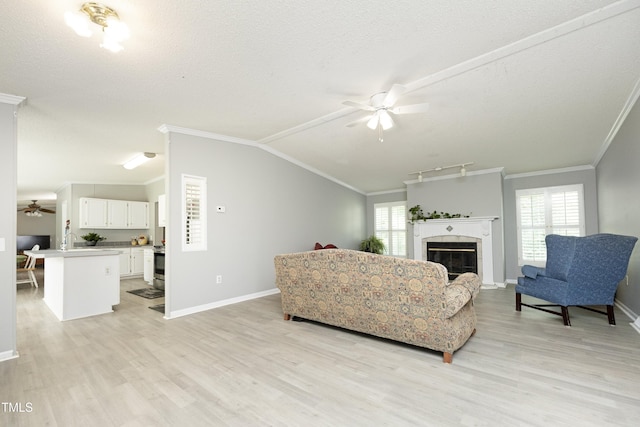 205 N Raleigh Farms Rd, Youngsville, NC 27596 - living room featuring a ceiling fan, light wood-style flooring, ornamental molding, vaulted ceiling, and a textured ceiling