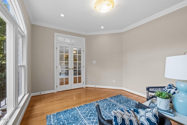 202 Bridewell Ct, Cary, NC 27518 - sitting room featuring french doors, crown molding, wood finished floors, and recessed lighting