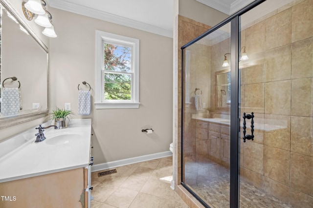 202 Bridewell Ct, Cary, NC 27518 - full bath featuring vanity, crown molding, tile patterned floors, and a shower stall