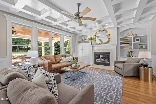 202 Bridewell Ct, Cary, NC 27518 - living area featuring ceiling fan, wood finished floors, coffered ceiling, beamed ceiling, and built in features