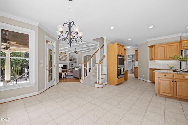 202 Bridewell Ct, Cary, NC 27518 - kitchen featuring ceiling fan, recessed lighting, ornamental molding, double oven, and decorative light fixtures