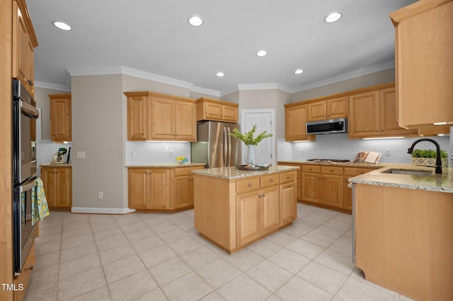 202 Bridewell Ct, Cary, NC 27518 - kitchen featuring appliances with stainless steel finishes, crown molding, light stone countertops, recessed lighting, and a center island