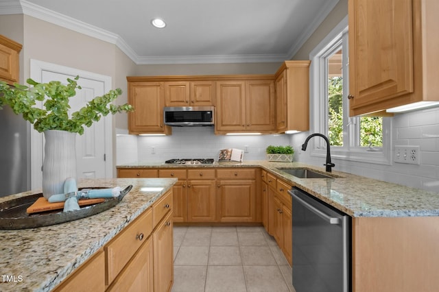 202 Bridewell Ct, Cary, NC 27518 - kitchen with stainless steel appliances, light stone counters, decorative backsplash, ornamental molding, and light tile patterned flooring