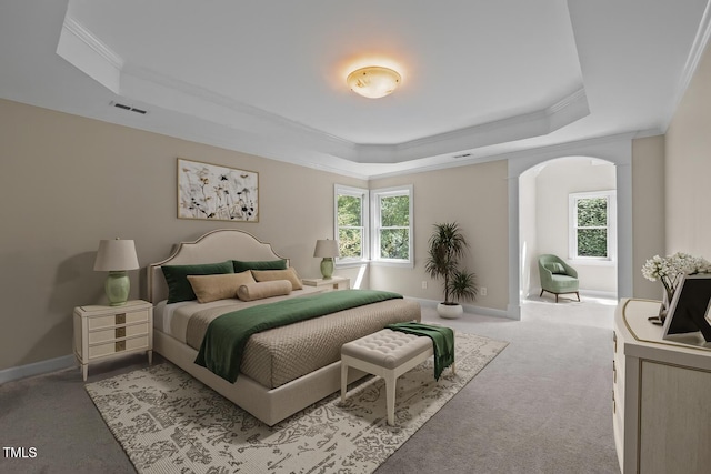 202 Bridewell Ct, Cary, NC 27518 - carpeted bedroom with a tray ceiling, ornamental molding, and arched walkways
