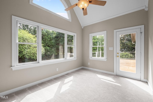 202 Bridewell Ct, Cary, NC 27518 - unfurnished room featuring light carpet, a ceiling fan, lofted ceiling, and ornamental molding