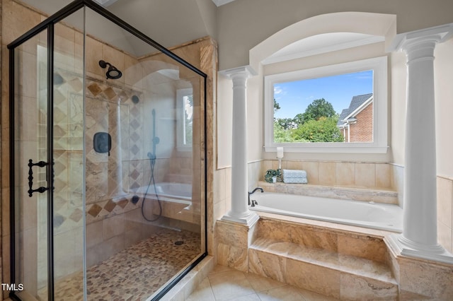 202 Bridewell Ct, Cary, NC 27518 - bathroom featuring ornate columns, a bath, a stall shower, tile patterned flooring, and crown molding