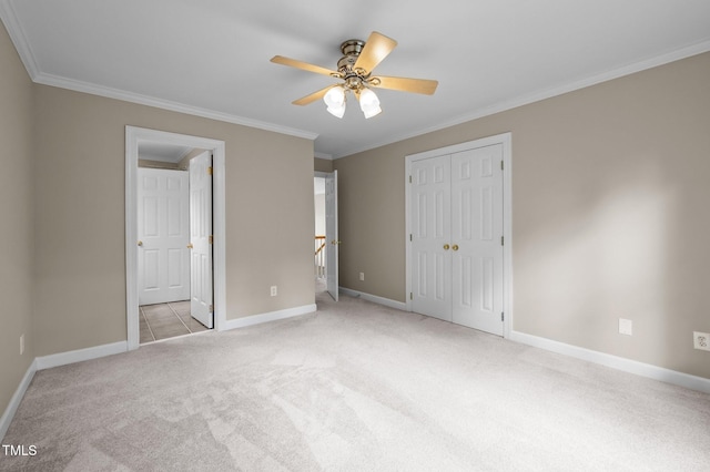 202 Bridewell Ct, Cary, NC 27518 - unfurnished bedroom with carpet, ornamental molding, a closet, and a ceiling fan