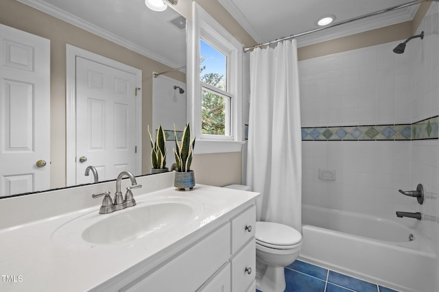 202 Bridewell Ct, Cary, NC 27518 - bathroom featuring vanity, shower / bath combo with shower curtain, tile patterned flooring, crown molding, and recessed lighting