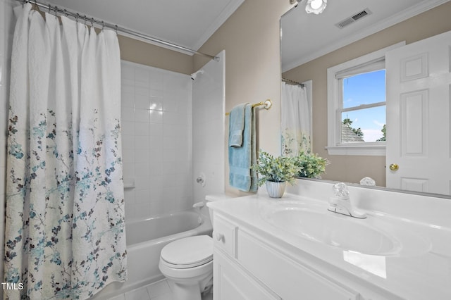 202 Bridewell Ct, Cary, NC 27518 - bathroom featuring vanity, ornamental molding, shower / tub combo, and tile patterned floors