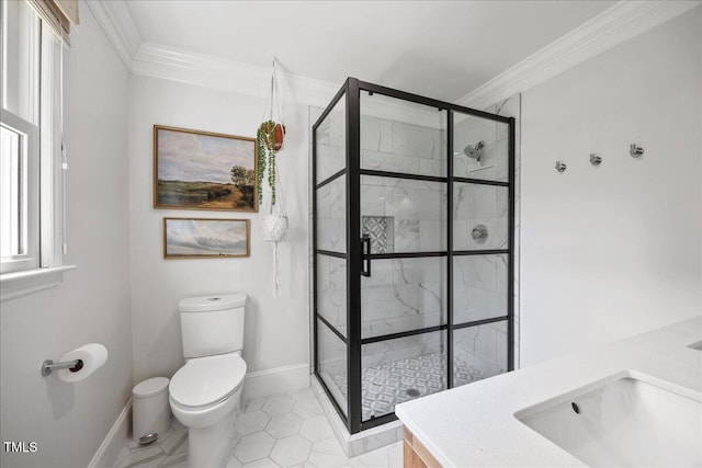 8909 Hunting Trl, Raleigh, NC 27613 - bathroom with ornamental molding, a shower stall, and vanity