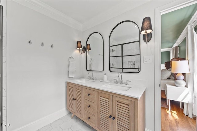 8909 Hunting Trl, Raleigh, NC 27613 - bathroom with ornamental molding, double vanity, and a shower