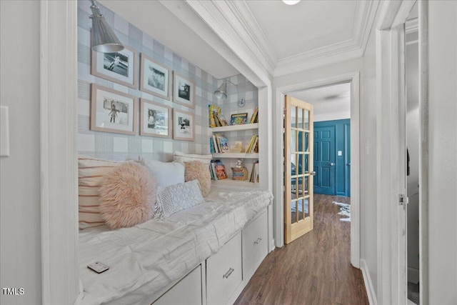 8909 Hunting Trl, Raleigh, NC 27613 - hall with ornamental molding and dark wood-type flooring
