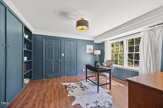 8909 Hunting Trl, Raleigh, NC 27613 - home office featuring ornamental molding and dark wood-style flooring