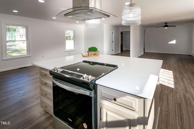 5920 Holly Dr, Raleigh, NC 27616 - kitchen featuring stainless steel electric stove, island exhaust hood, open floor plan, dark wood-type flooring, and a ceiling fan