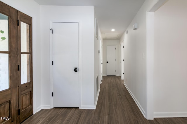 5920 Holly Dr, Raleigh, NC 27616 - corridor featuring attic access, dark wood-style floors, and recessed lighting