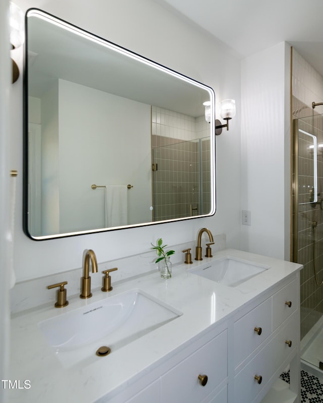 5920 Holly Dr, Raleigh, NC 27616 - bathroom featuring a tile shower and double vanity