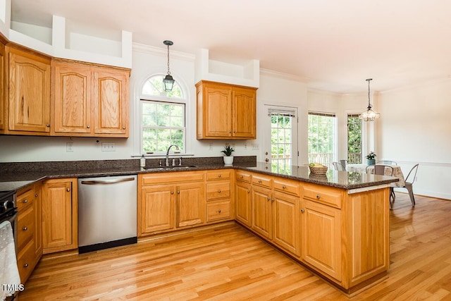 2054 Carriage Way, Chapel Hill, NC 27517 - kitchen with stainless steel dishwasher, a peninsula, light wood-type flooring, crown molding, and decorative light fixtures