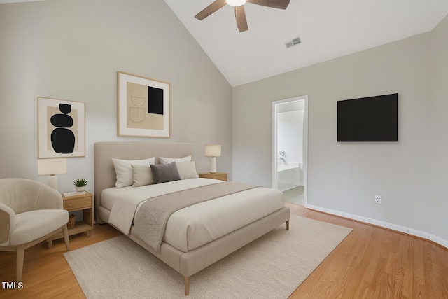 3405 E Jameson Rd, Raleigh, NC 27604 - bedroom with light wood-style floors, high vaulted ceiling, ensuite bath, and ceiling fan